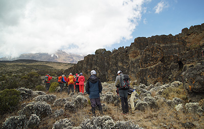 a group of people performing a hike up Mt Kilimanjaro