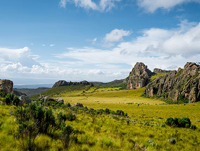 the mountain ranges of Aberdare National Park with a grassy plain