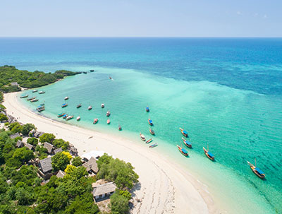 a birdseye view of Zanzibar beach with boats in the sea and houses nestled in the trees