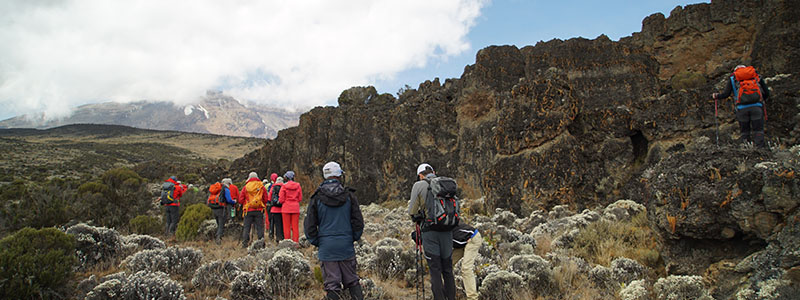 a group of people hiking up Mt Kenya