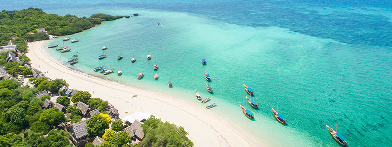 a birdseye view of Zanzibar Beach with boats in the water
